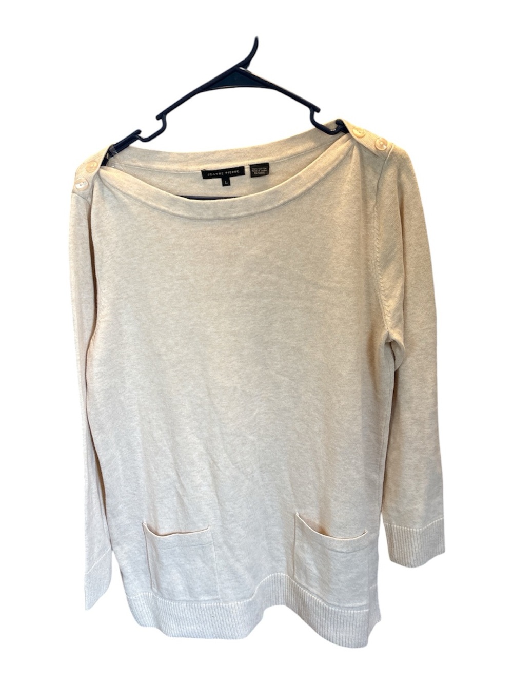 Jeanne Pierre 100% Cotton Cream Beige Sweater L Long Sleeve Front Pockets